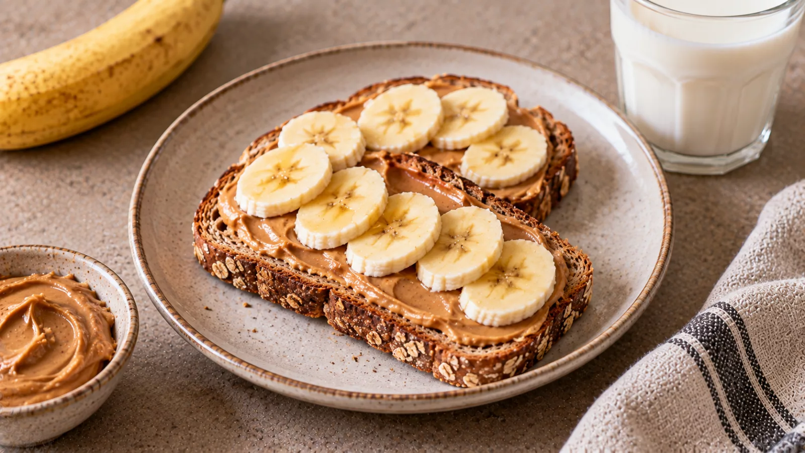 Pane integrale con crema di arachidi, banana e latte