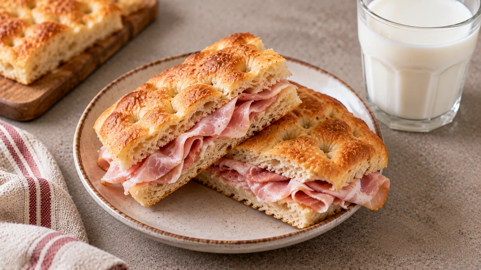 Focaccia con prosciutto cotto e latte