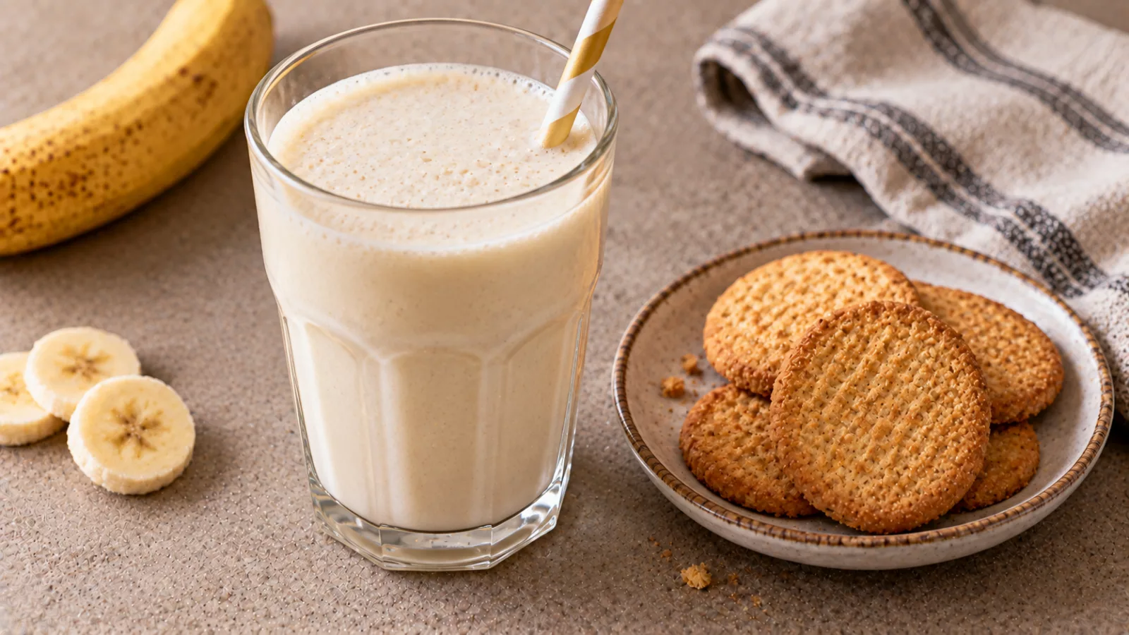 Frullato di latte e banana con biscotti secchi