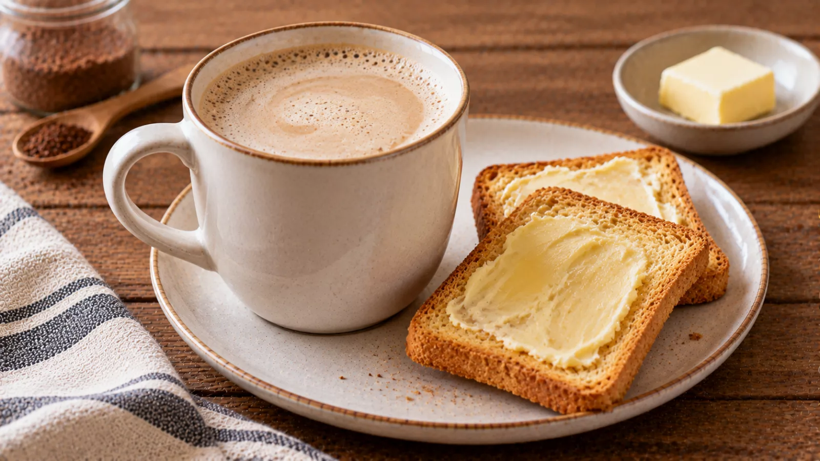 Latte e orzo con fette biscottate imburrate