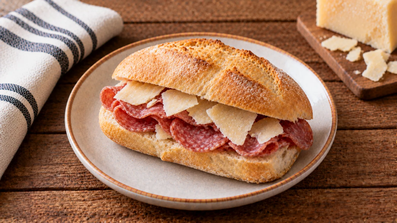 Panino con salame e scaglie di grana