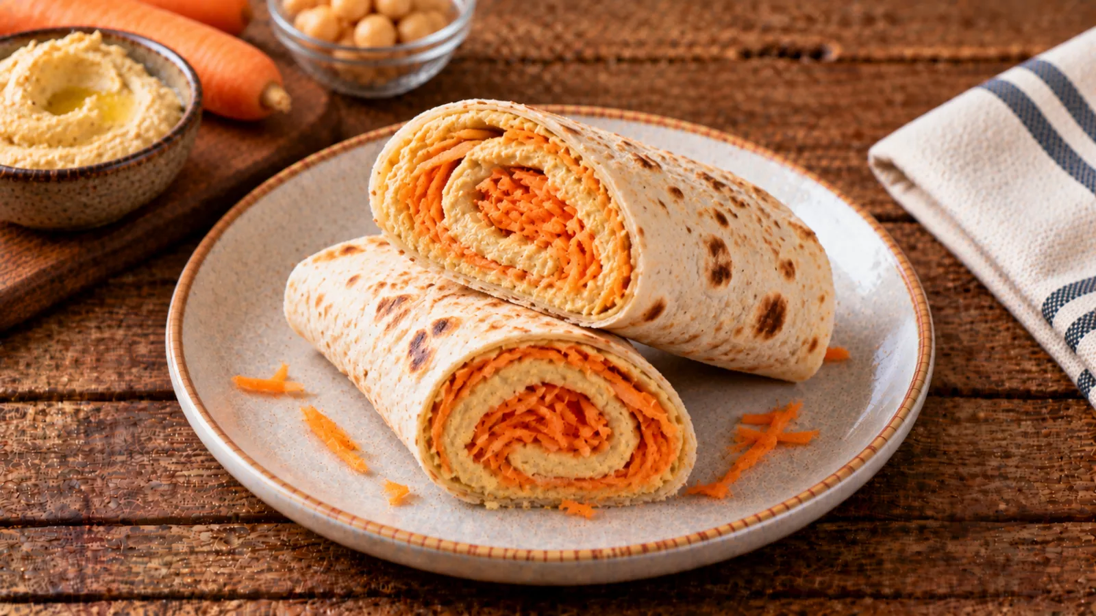 Girella di piadina con hummus e carote